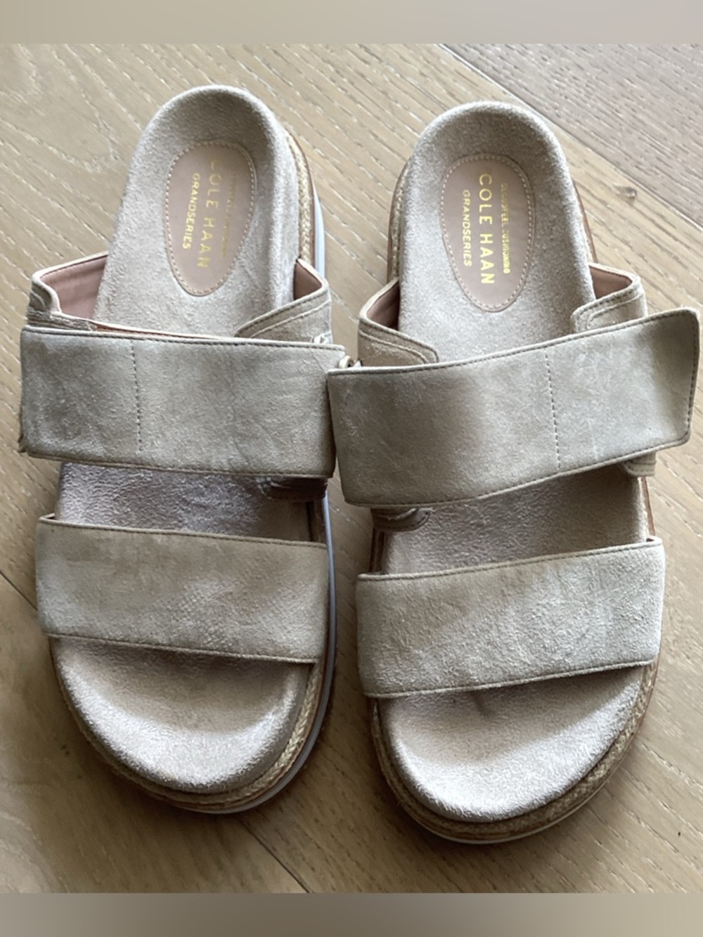 Cole Haan Neutral Beige Suede Double-Strap Slide Sandals